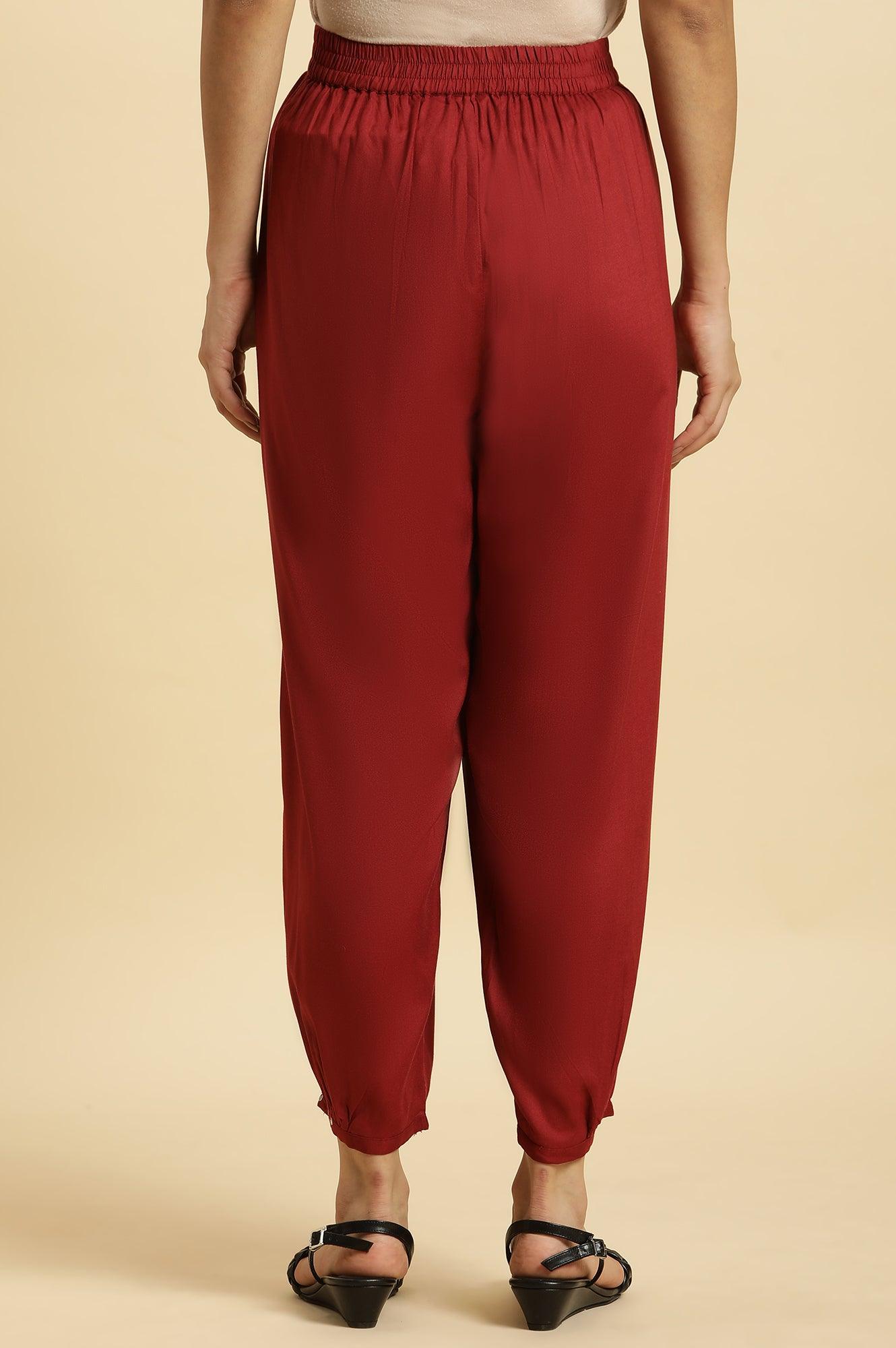 W for Woman Maroon Side Gathered Rayon Pants with Sequin Detailing