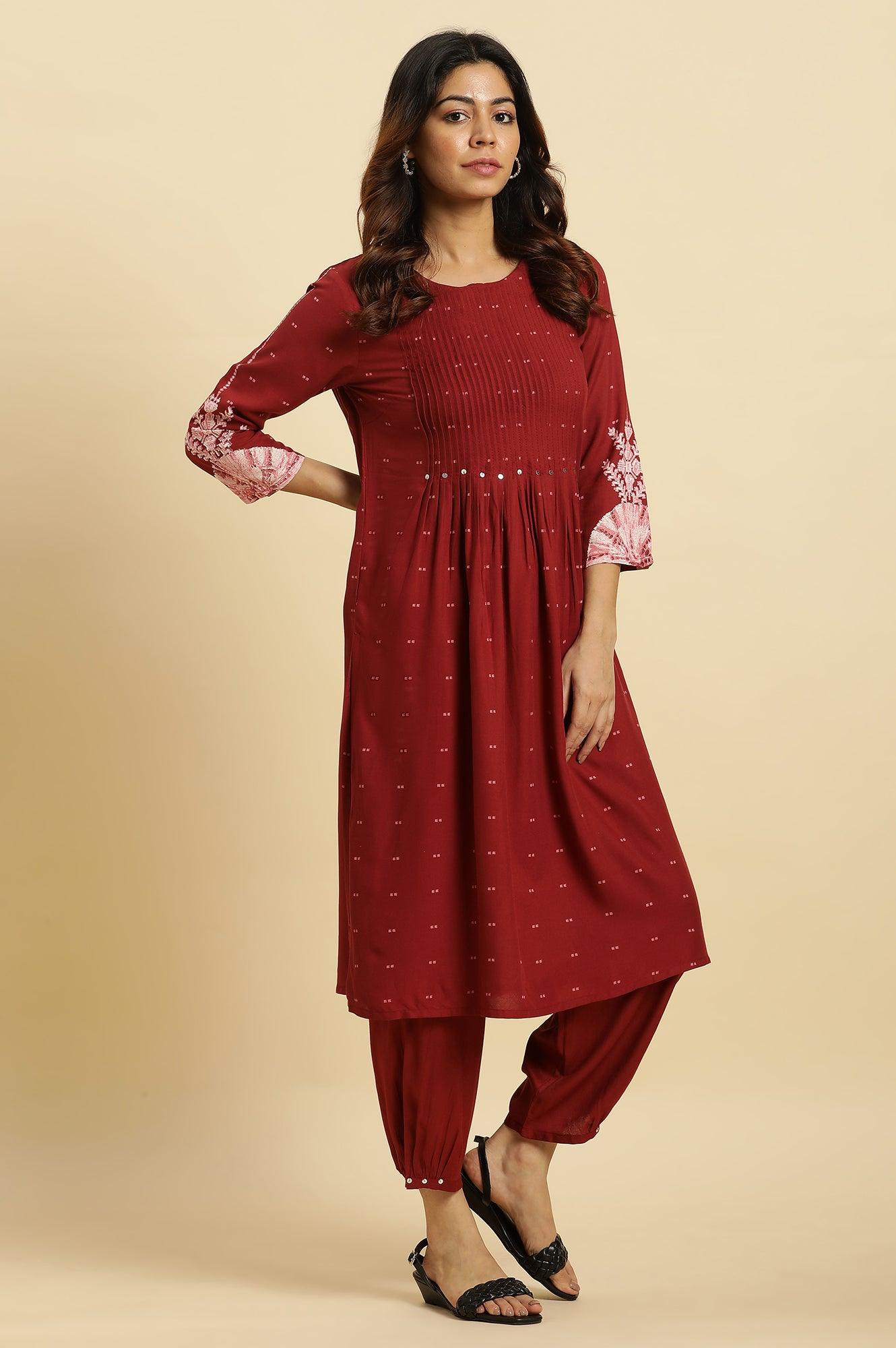 W for Woman Maroon Side Gathered Rayon Pants with Sequin Detailing
