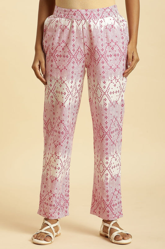 W for Woman White Straight Pants With Pink Geometric Print