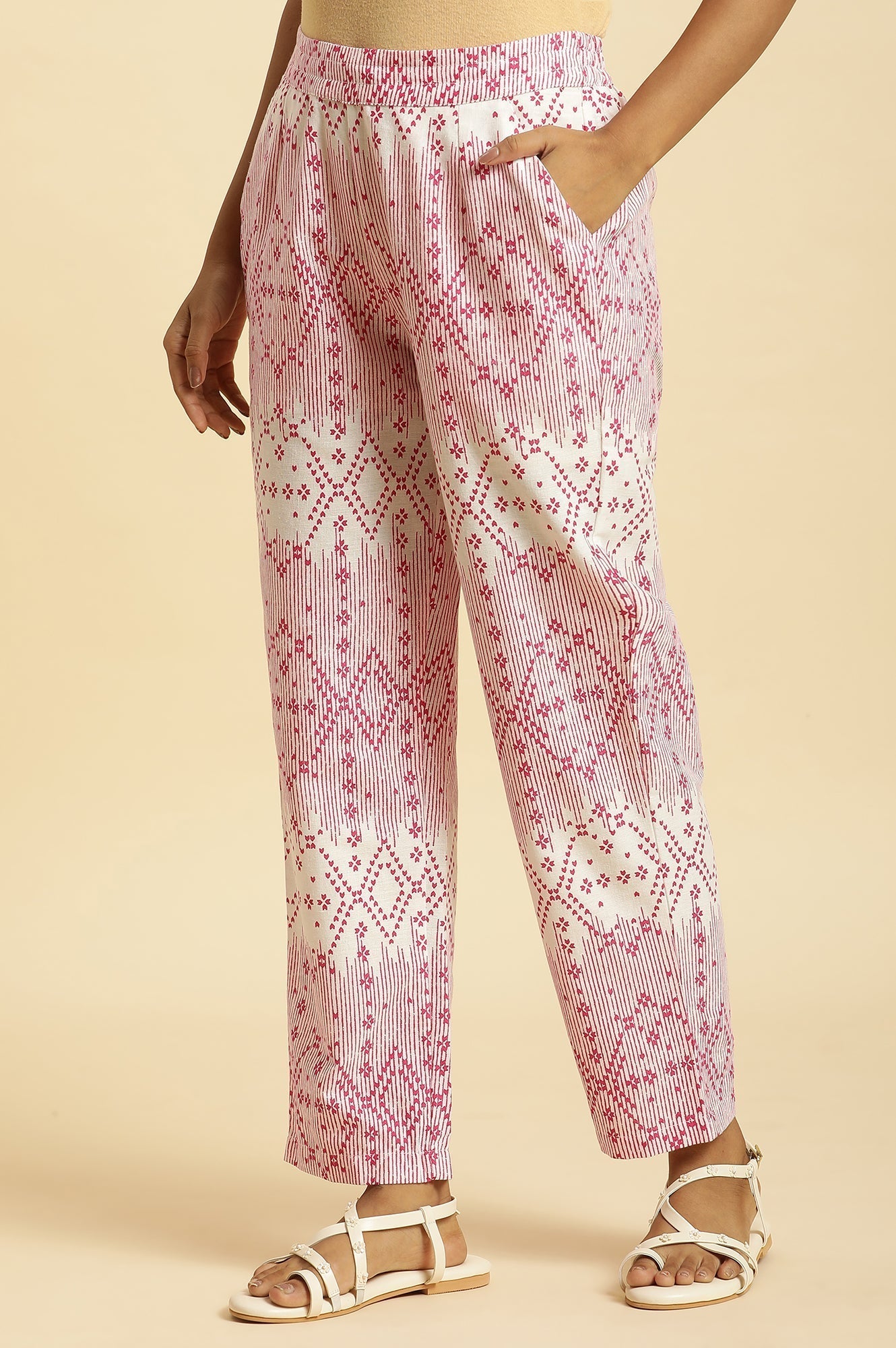 W for Woman White Straight Pants With Pink Geometric Print