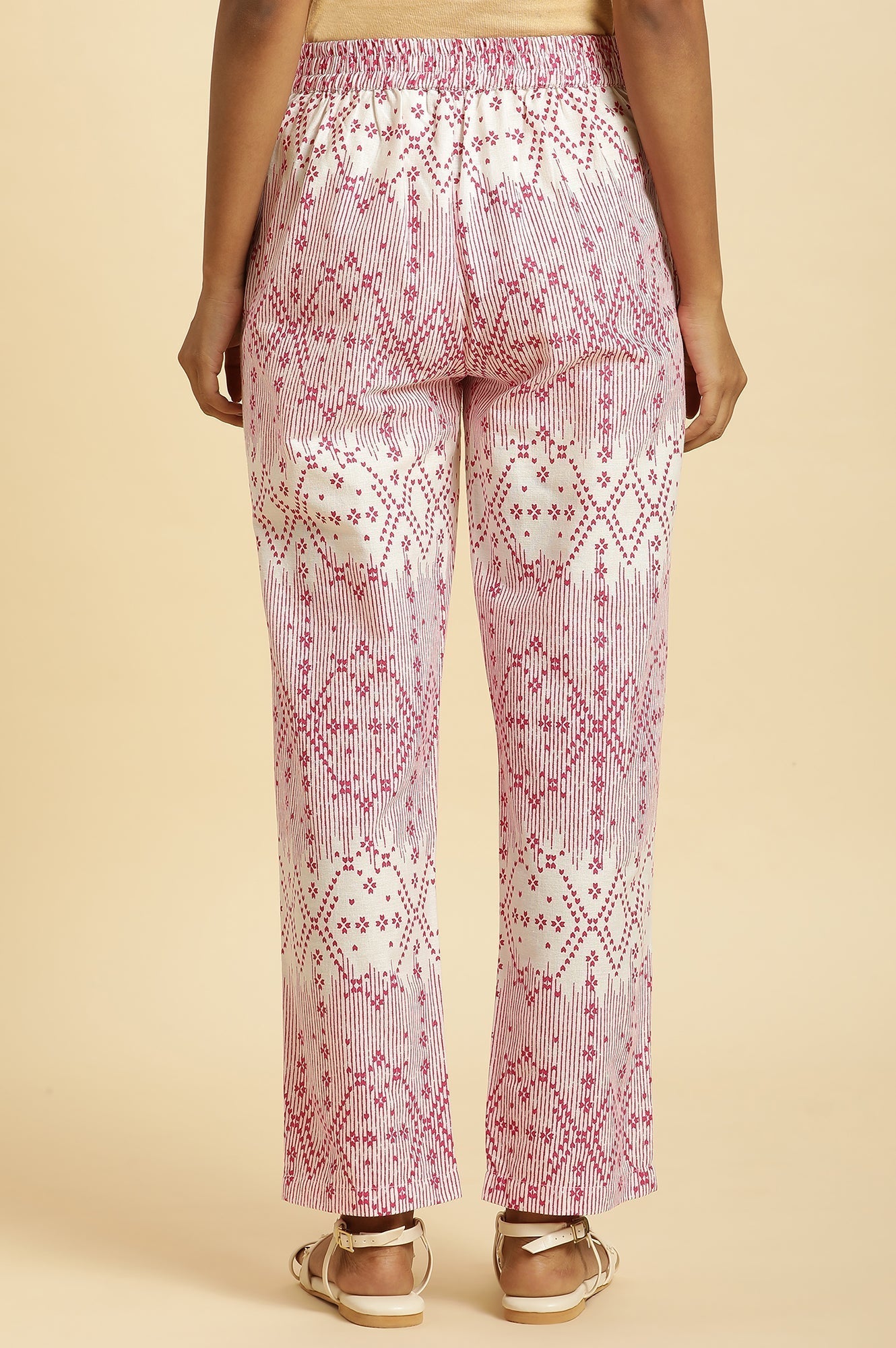 W for Woman White Straight Pants With Pink Geometric Print