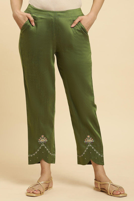 W for Woman Olive Green Straight Pants With Embroidered Hemline