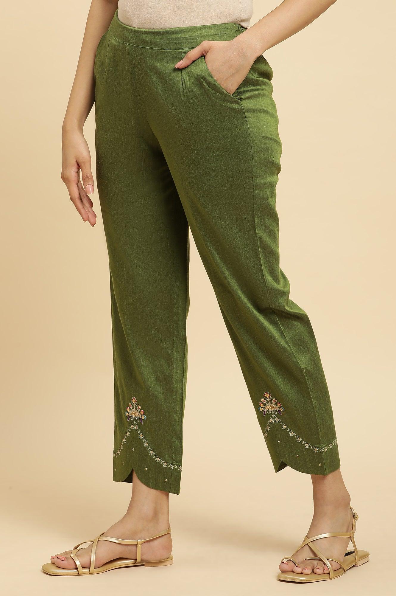 W for Woman Olive Green Straight Pants With Embroidered Hemline