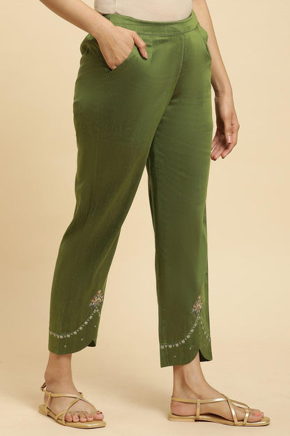 W for Woman Olive Green Straight Pants With Embroidered Hemline