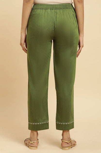W for Woman Olive Green Straight Pants With Embroidered Hemline