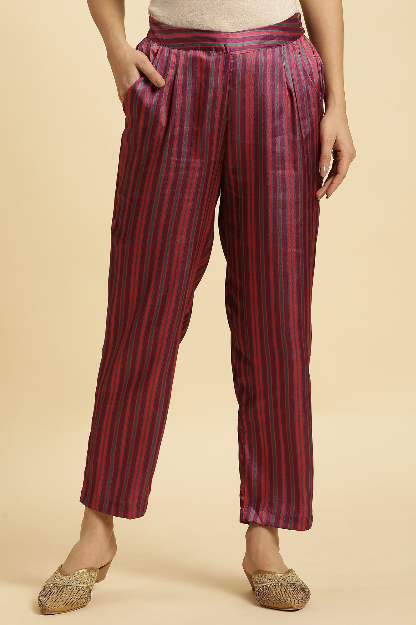 W for Woman Purple Stripe Printed Satin Pants