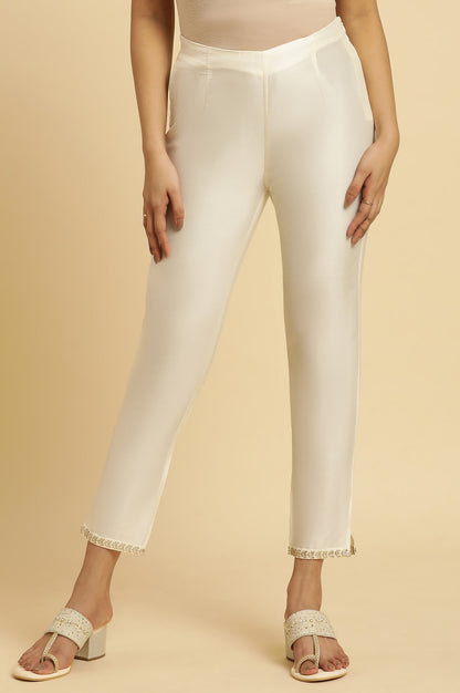 W for Woman White Solid Embroidered Straight Woven Slim Pant