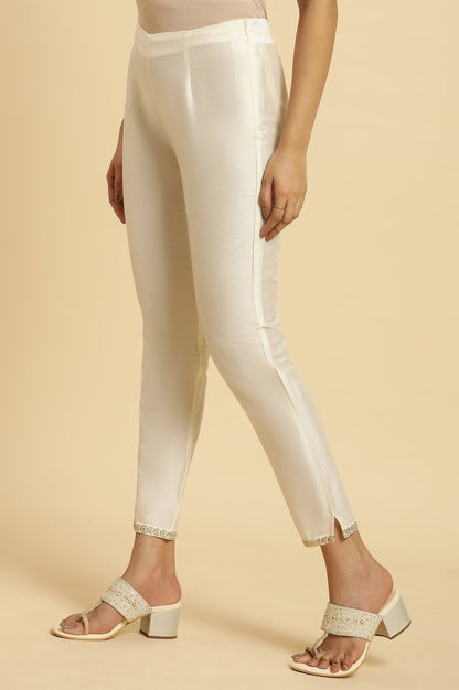 W for Woman White Solid Embroidered Straight Woven Slim Pant