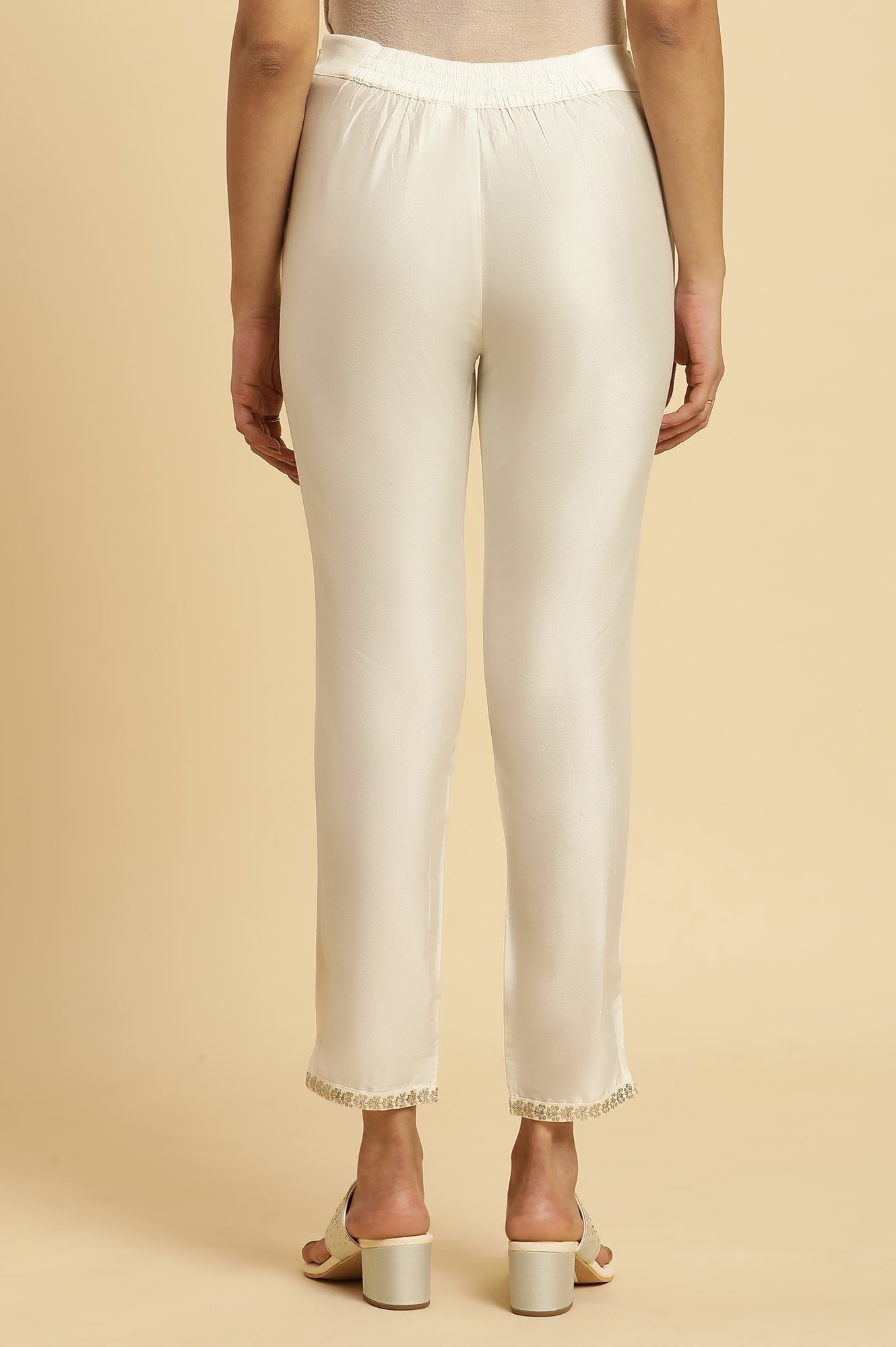 W for Woman White Solid Embroidered Straight Woven Slim Pant