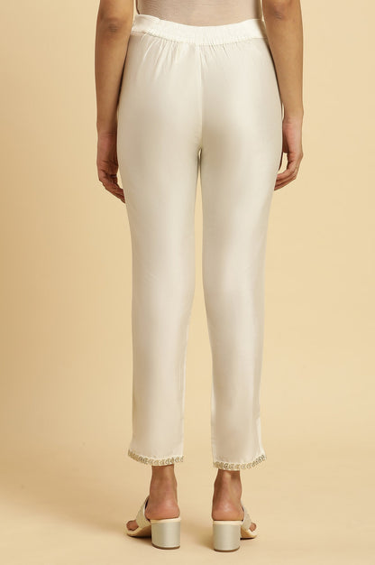 W for Woman White Solid Embroidered Straight Woven Slim Pant
