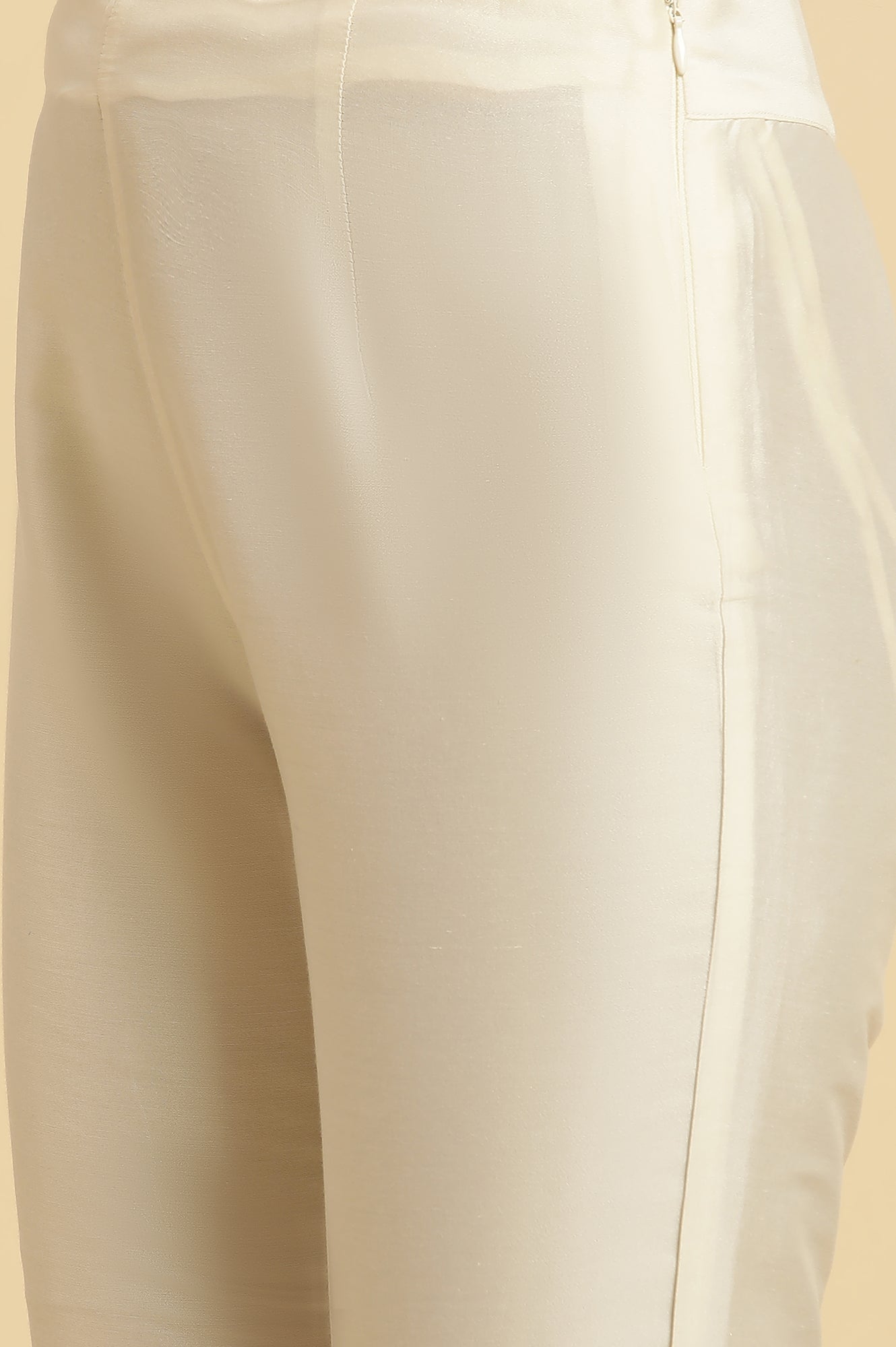 W for Woman White Solid Embroidered Straight Woven Slim Pant