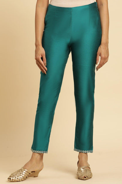 W for Woman Teal Blue Slim Pant With Embroidered Hemline