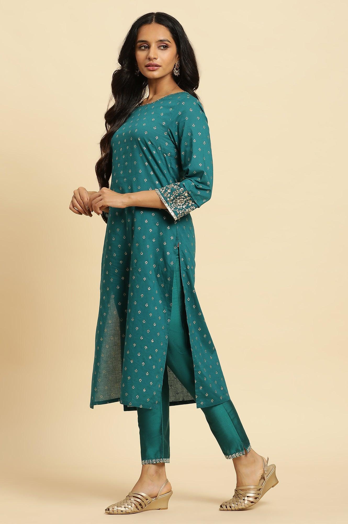 W for Woman Teal Blue Slim Pant With Embroidered Hemline