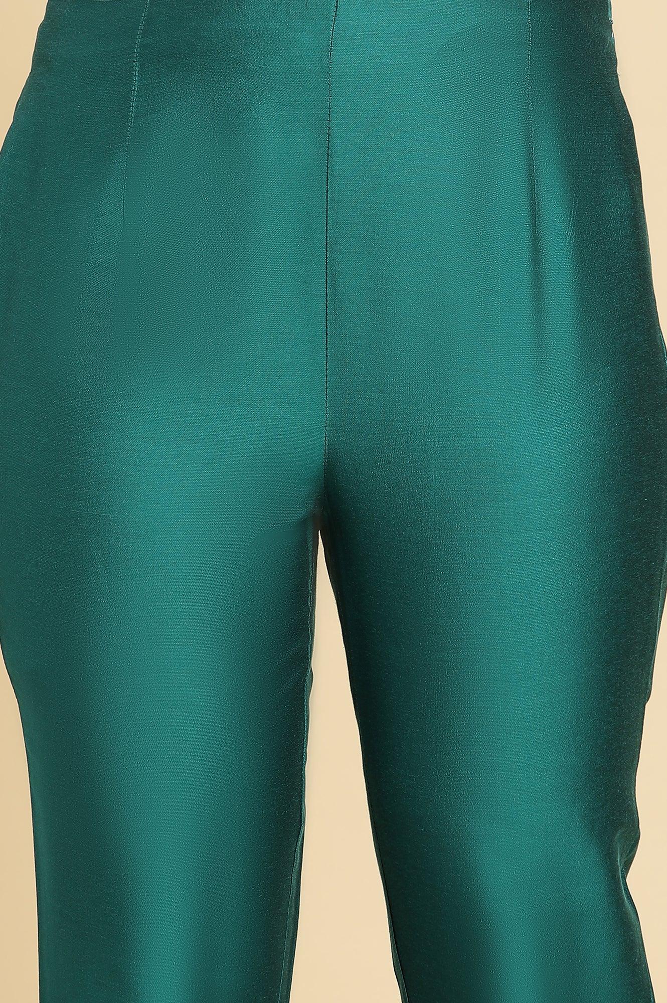 W for Woman Teal Blue Slim Pant With Embroidered Hemline
