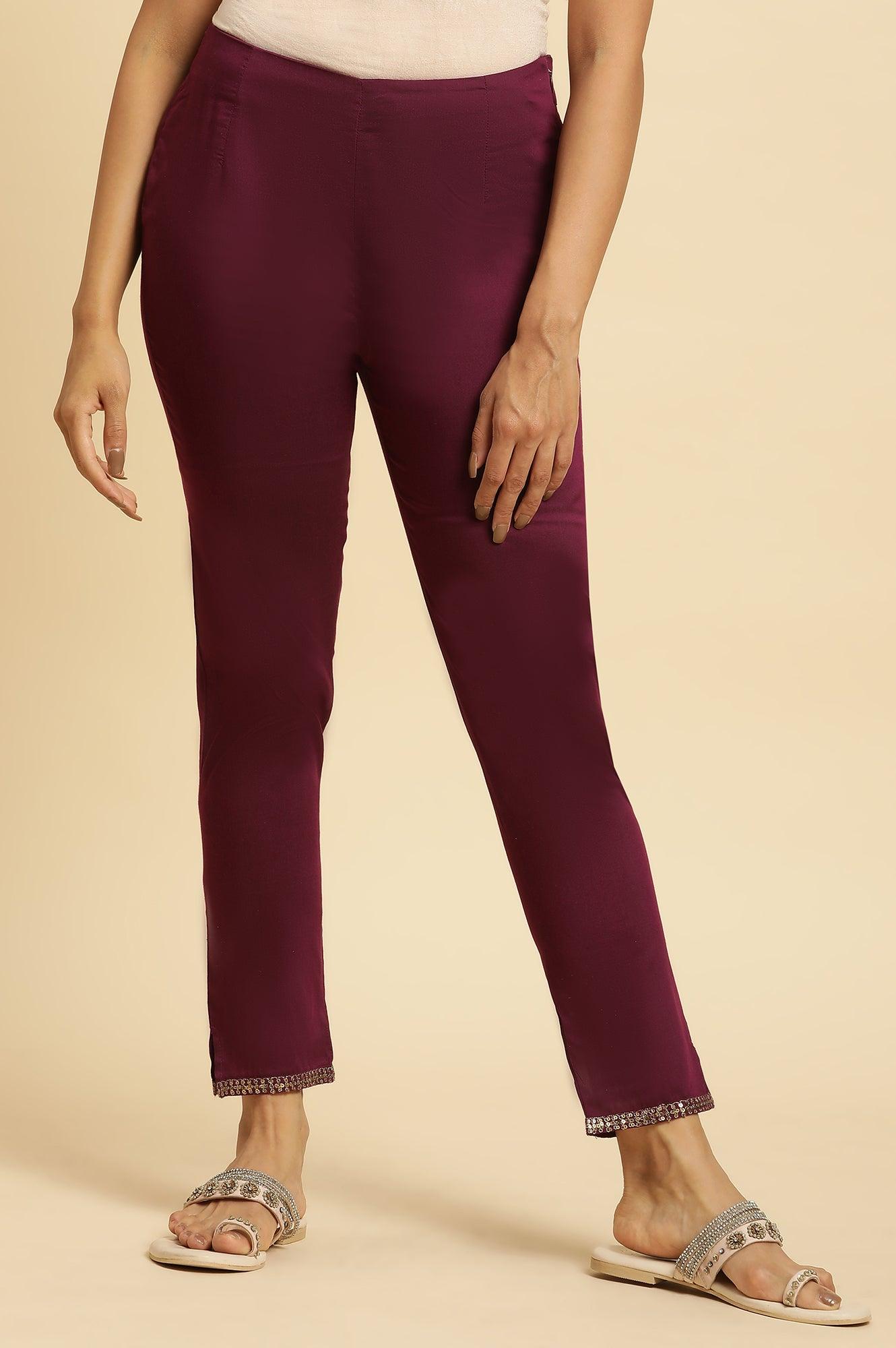 W for Woman Purple Slim Pant With Embroidered Hemline