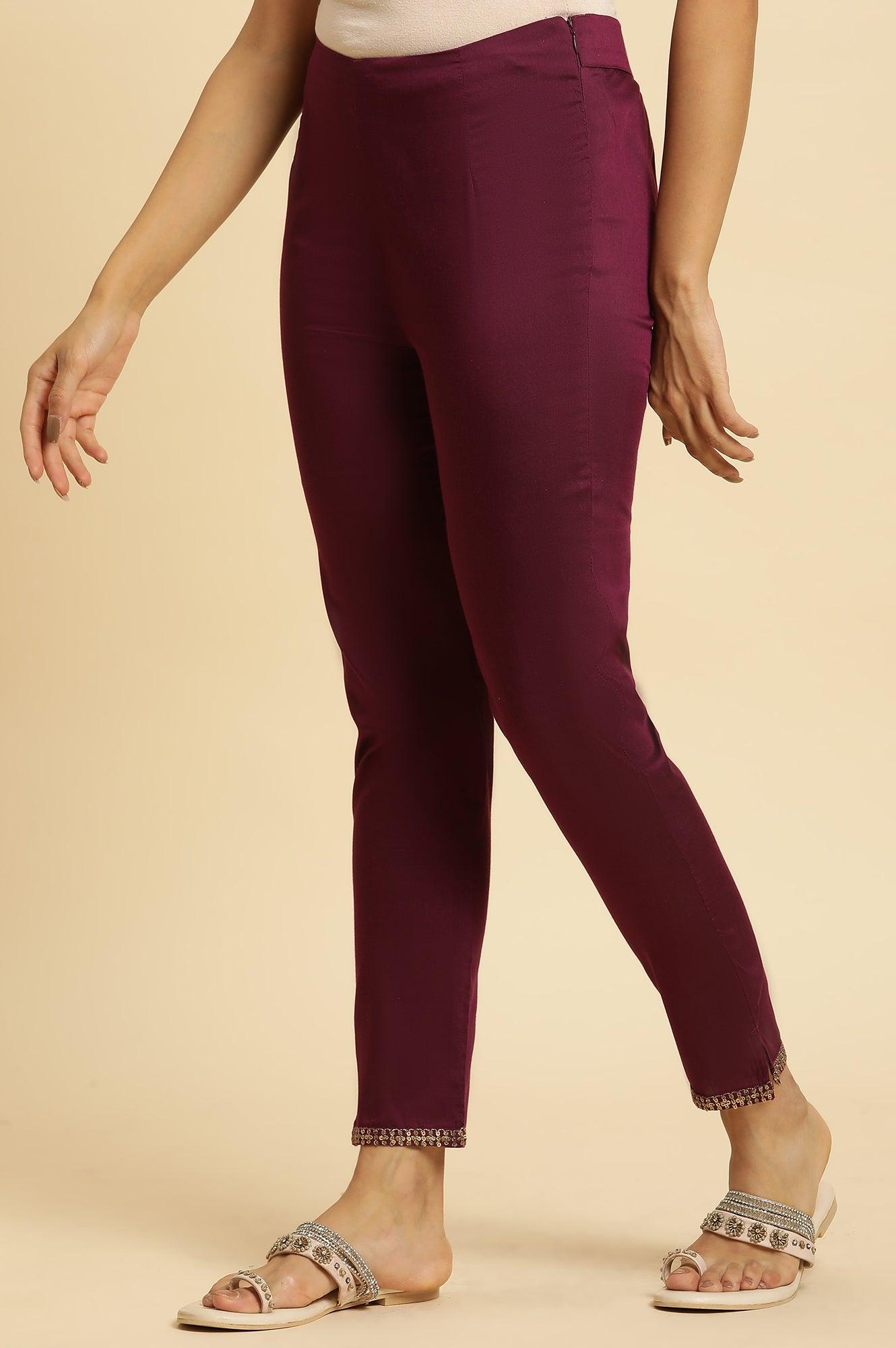 W for Woman Purple Slim Pant With Embroidered Hemline