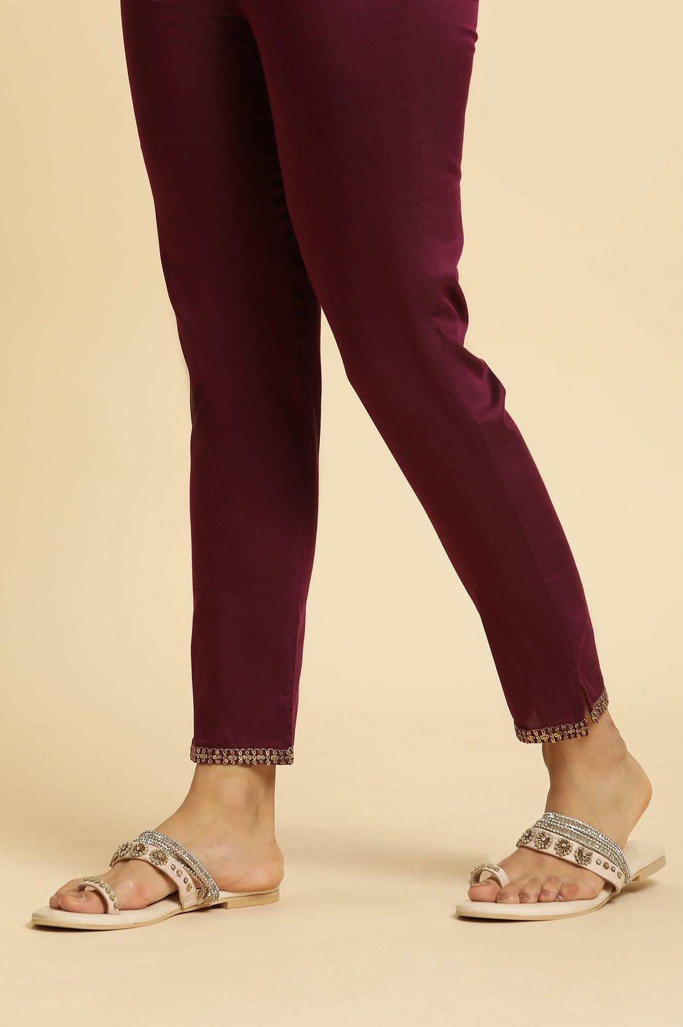 W for Woman Purple Slim Pant With Embroidered Hemline