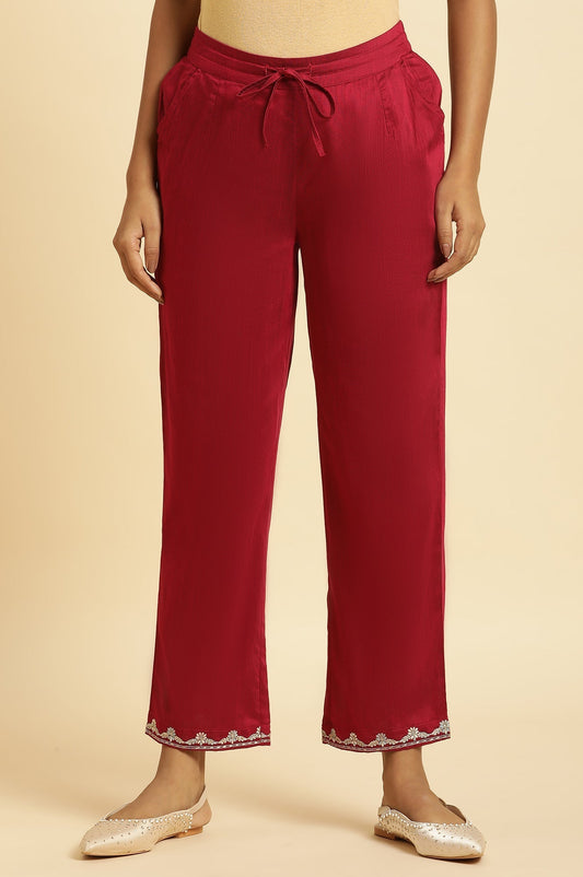 W for Woman Magenta Solid Pants With Embroidery On Hem