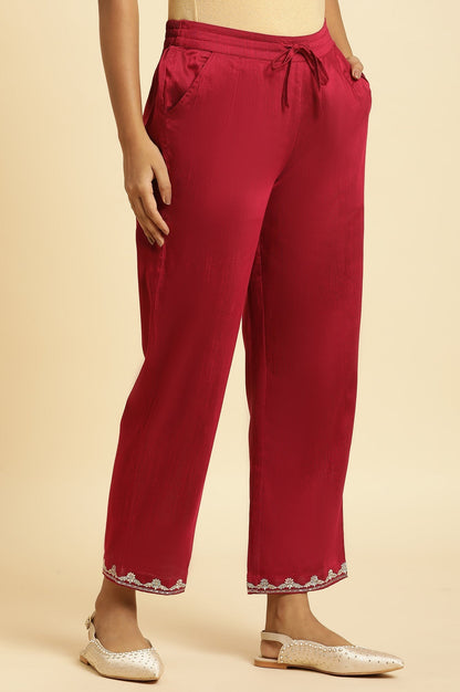 W for Woman Magenta Solid Pants With Embroidery On Hem