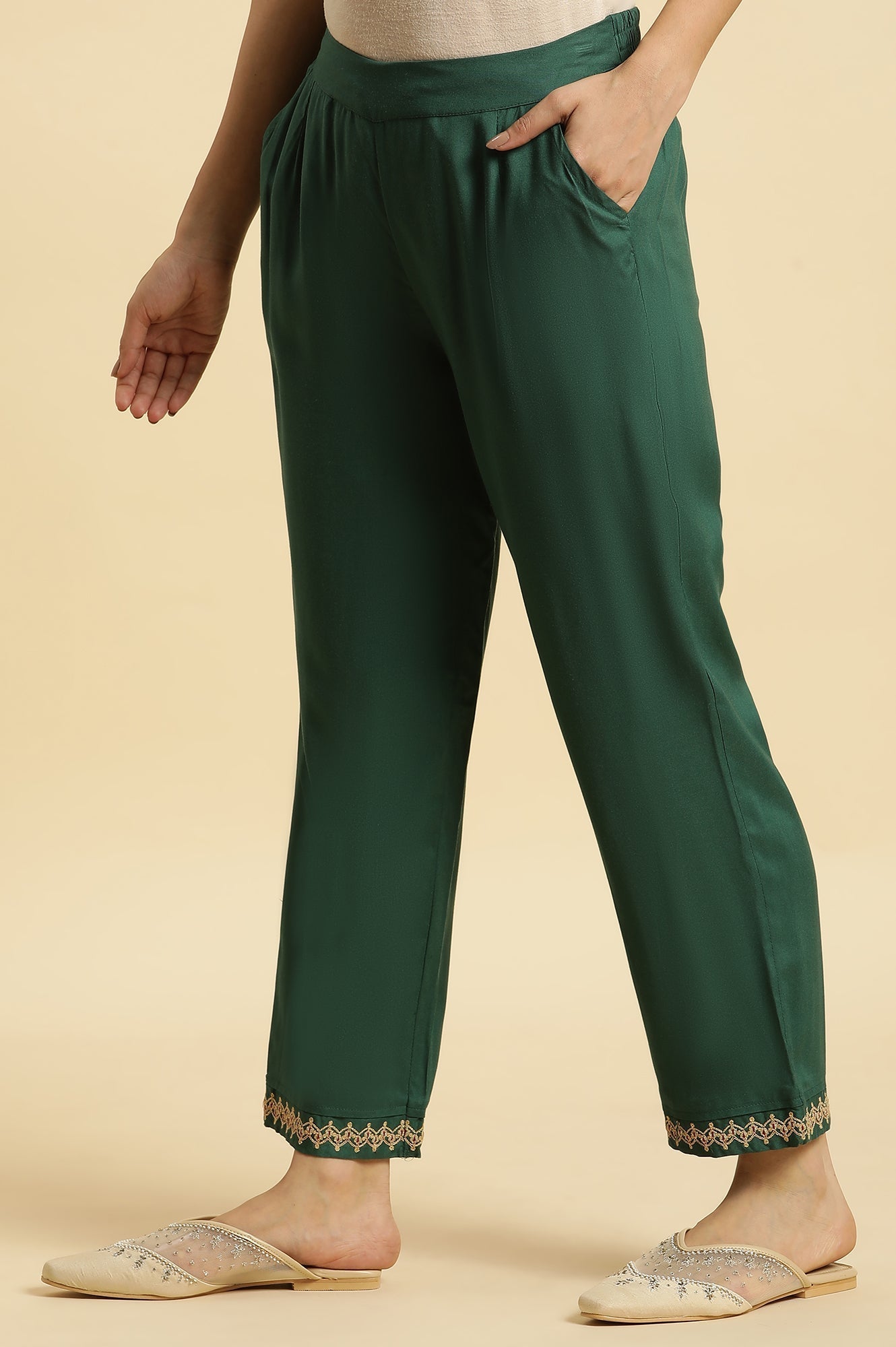 W for Woman Green Embroidered Straight Pants