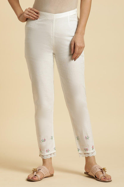 W for Woman Ecru Slim Pants with Multi-Coloured Floral Embroidery
