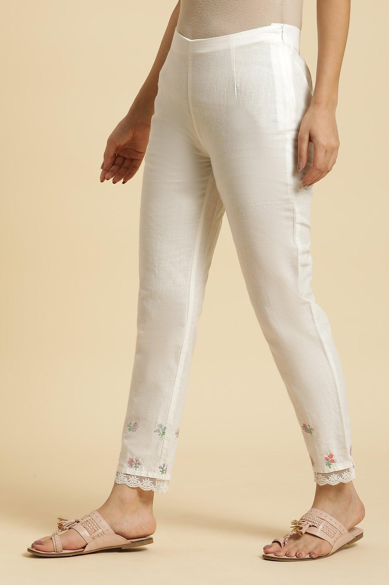 W for Woman Ecru Slim Pants with Multi-Coloured Floral Embroidery