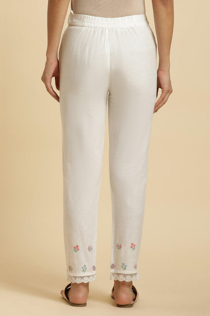 W for Woman Ecru Slim Pants with Multi-Coloured Floral Embroidery