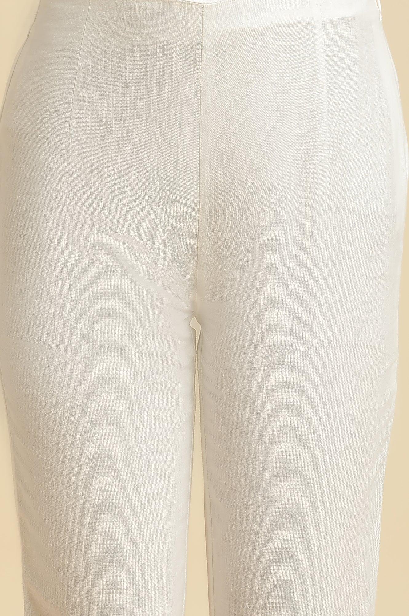 W for Woman Ecru Slim Pants with Multi-Coloured Floral Embroidery