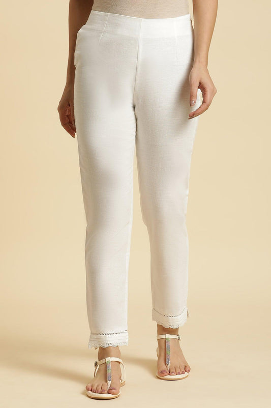 W for Woman Off-White Cotton Flax Slim Pants With Lace At Hem