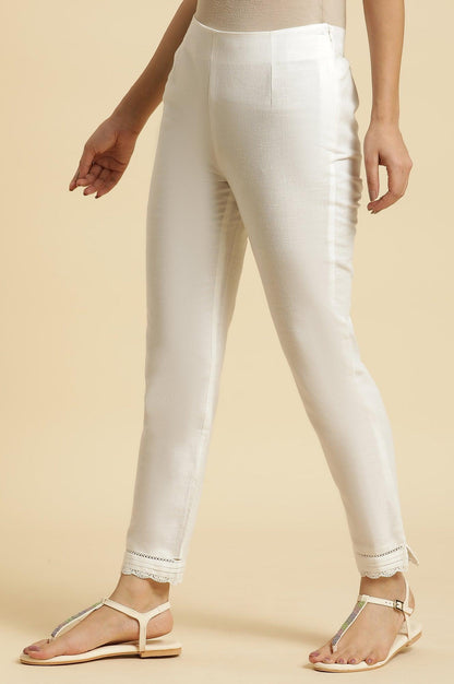 W for Woman Off-White Cotton Flax Slim Pants With Lace At Hem