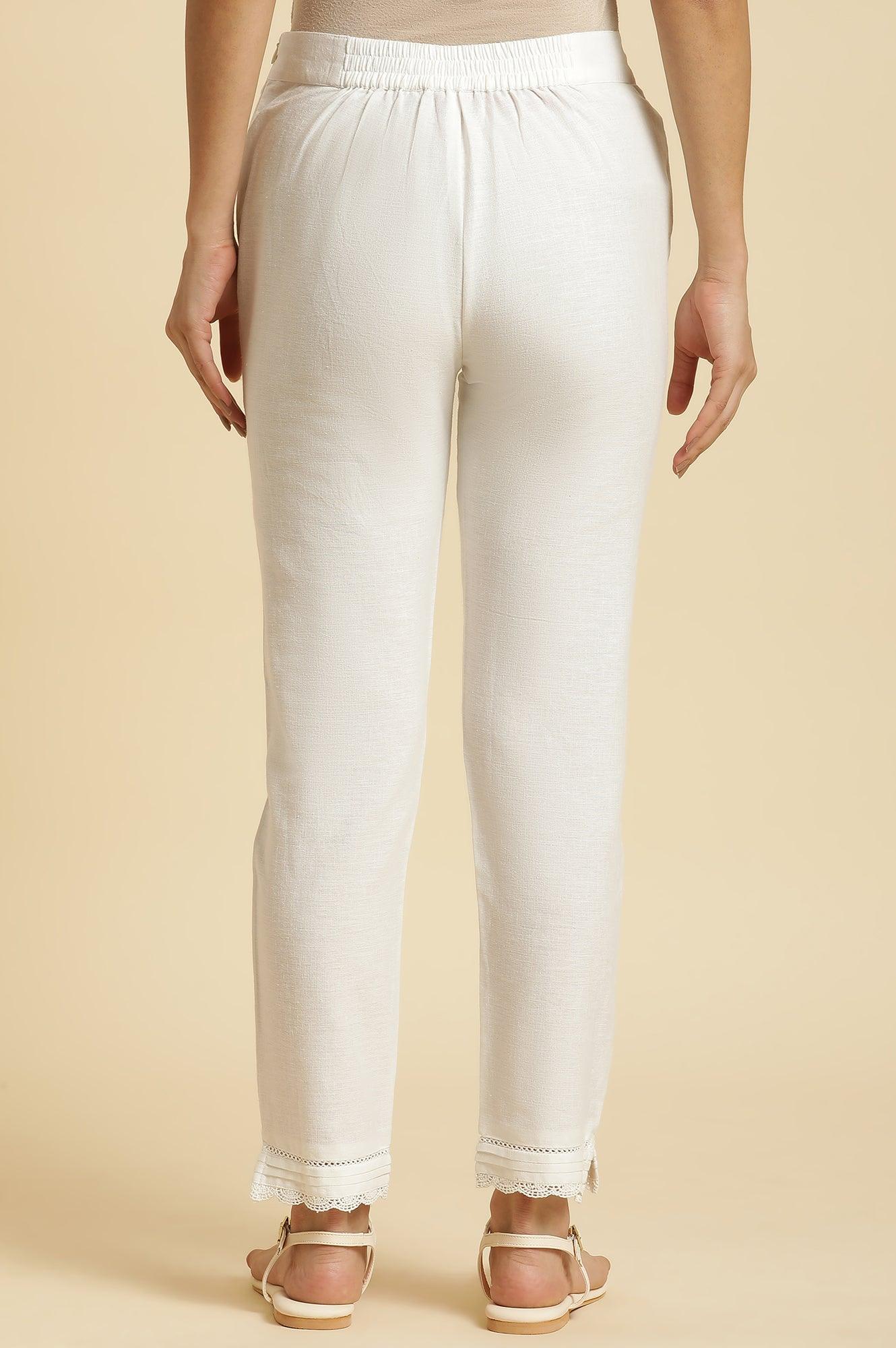 W for Woman Off-White Cotton Flax Slim Pants With Lace At Hem