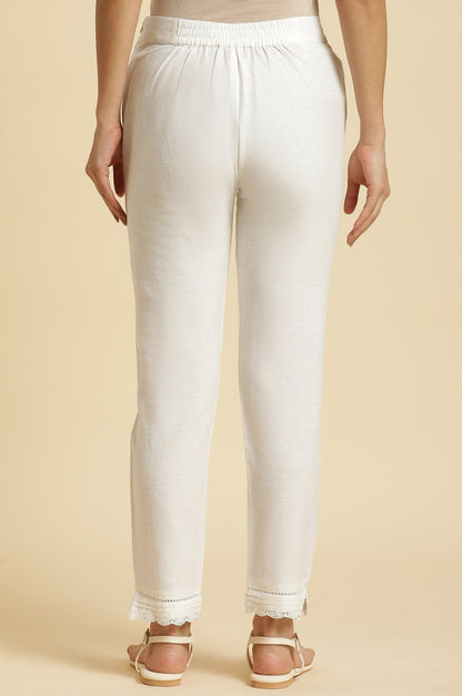 W for Woman Off-White Cotton Flax Slim Pants With Lace At Hem