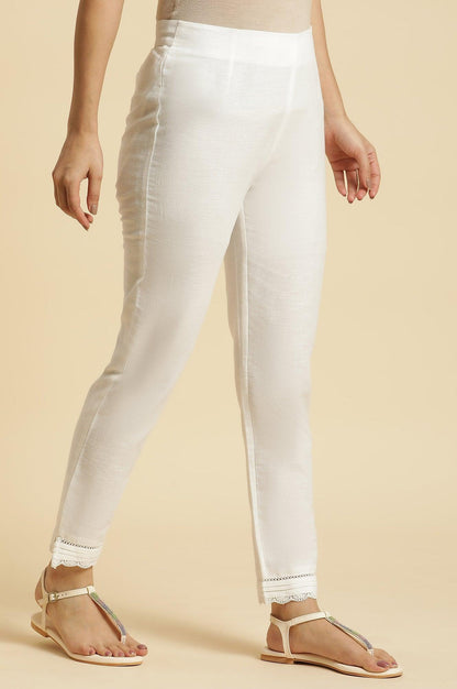W for Woman Off-White Cotton Flax Slim Pants With Lace At Hem