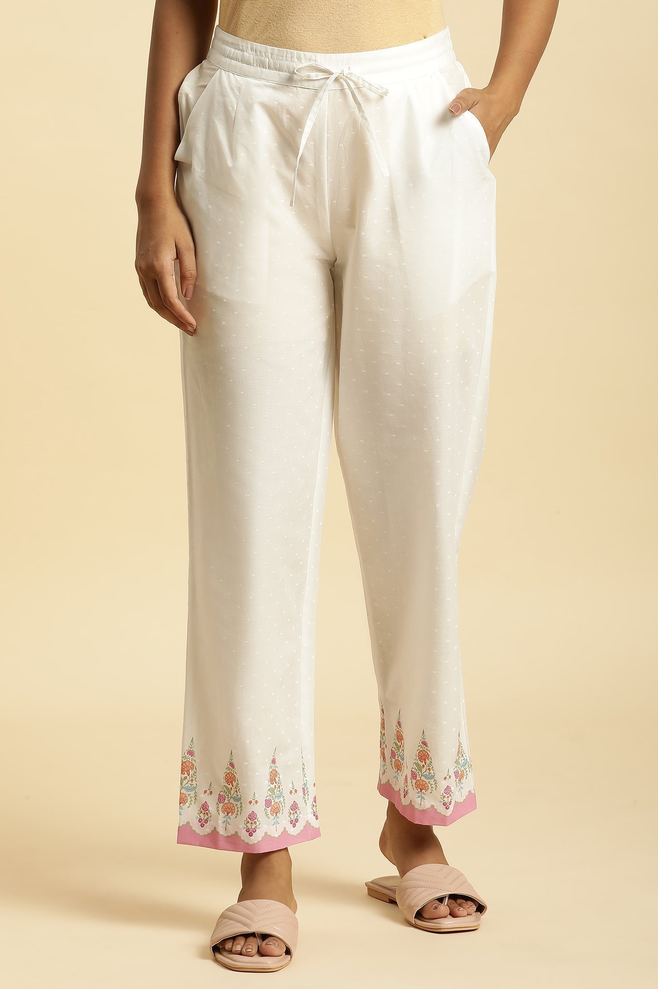 W for Woman Ecru Straight Pants With Printed Hemline