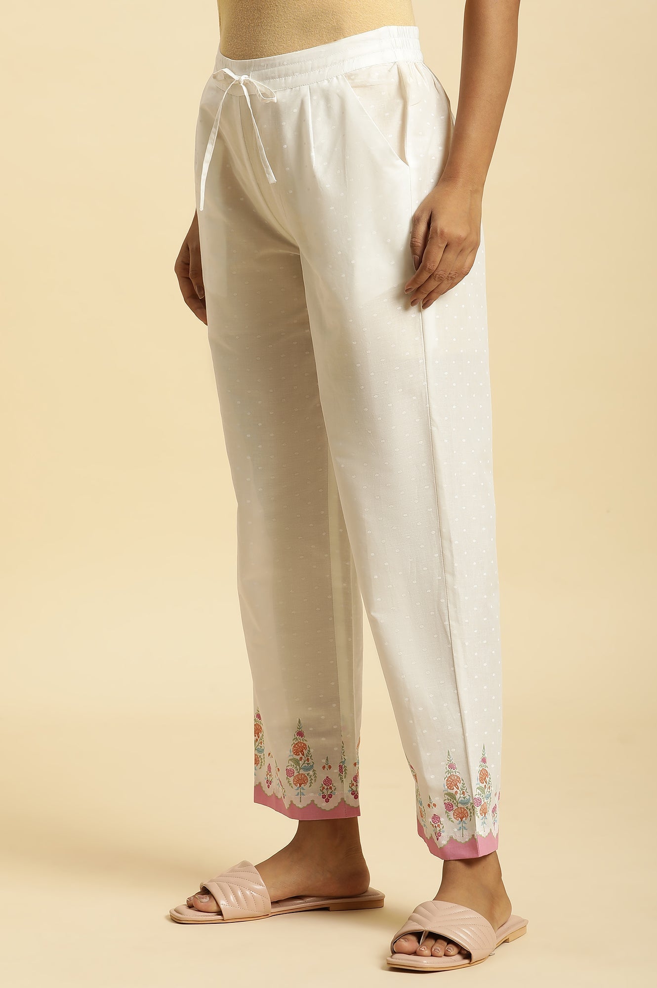 W for Woman Ecru Straight Pants With Printed Hemline