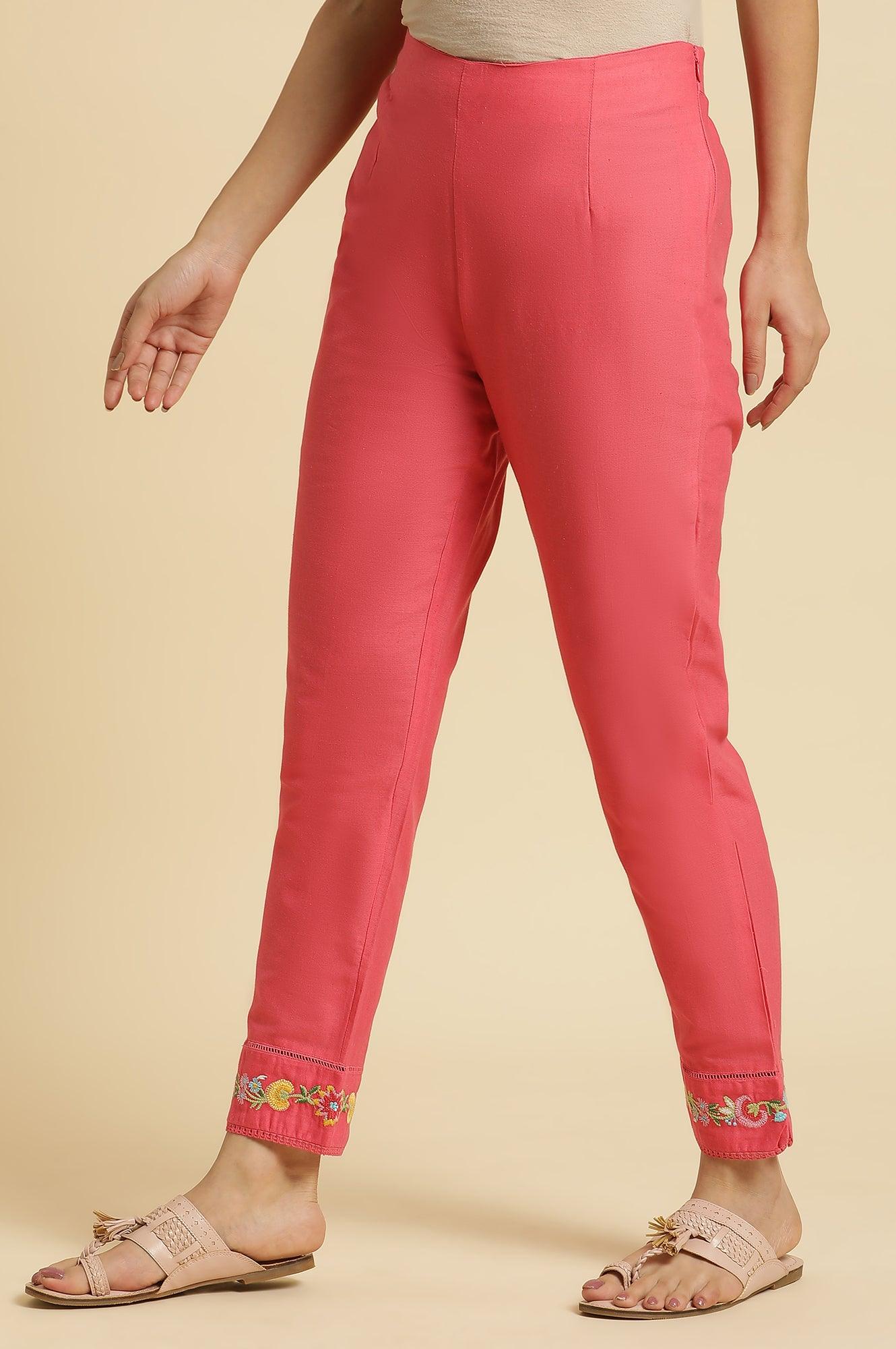 W for Woman Pink Slim Pants Wit Embroidery At Hem