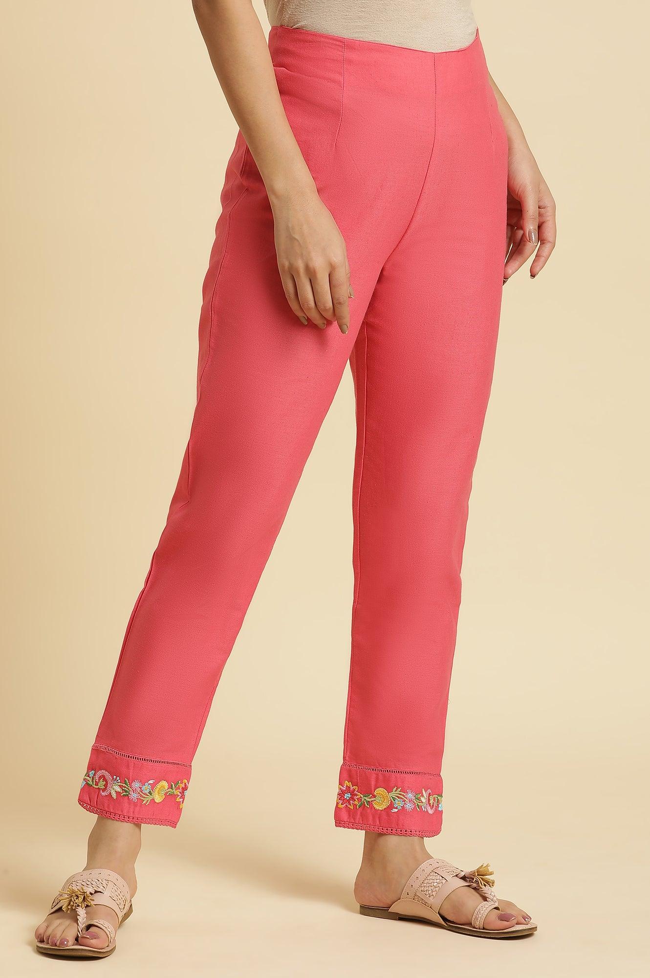 W for Woman Pink Slim Pants Wit Embroidery At Hem