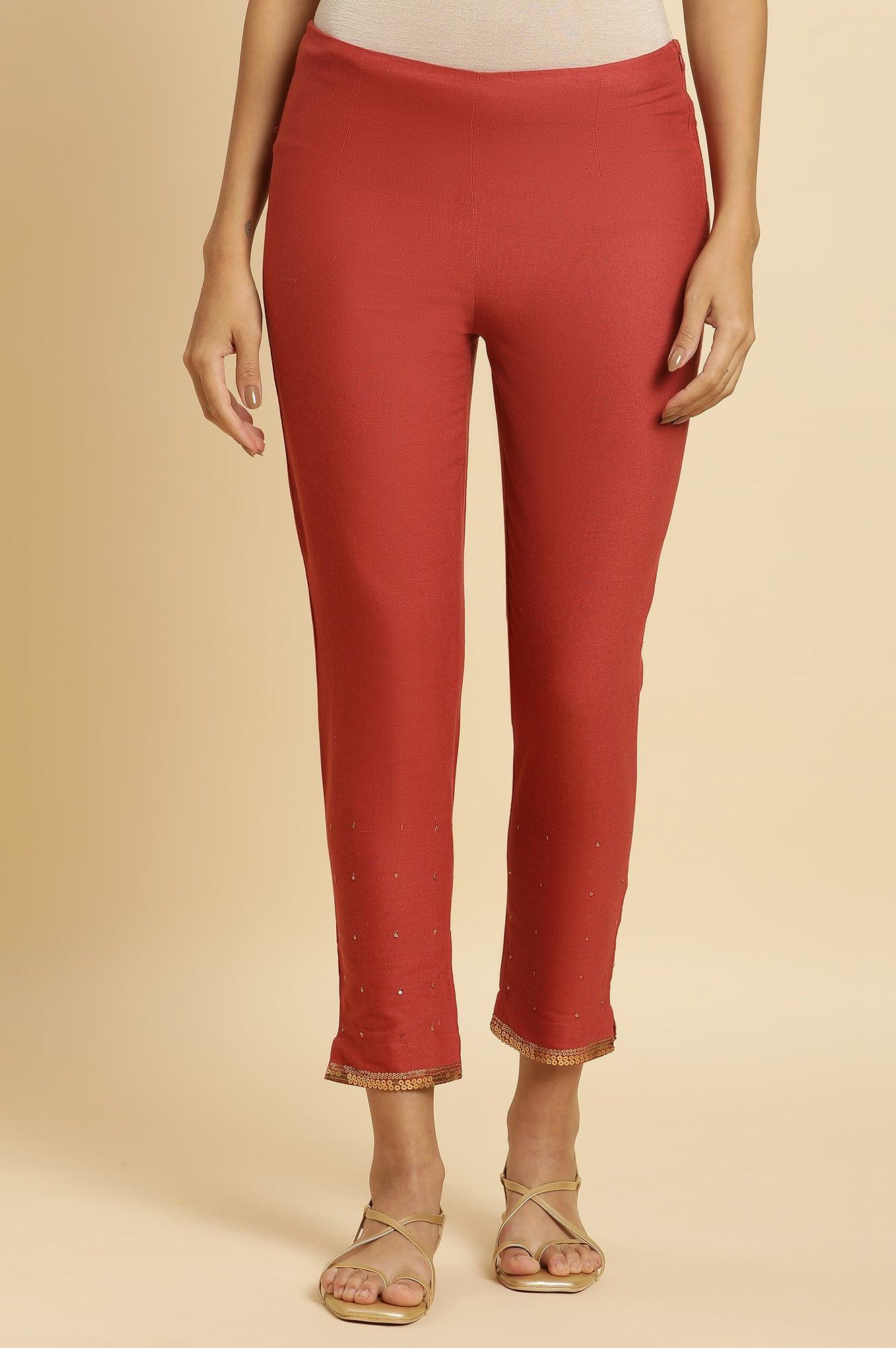 W for Woman Rust Red Embellished Solid Slim Pants