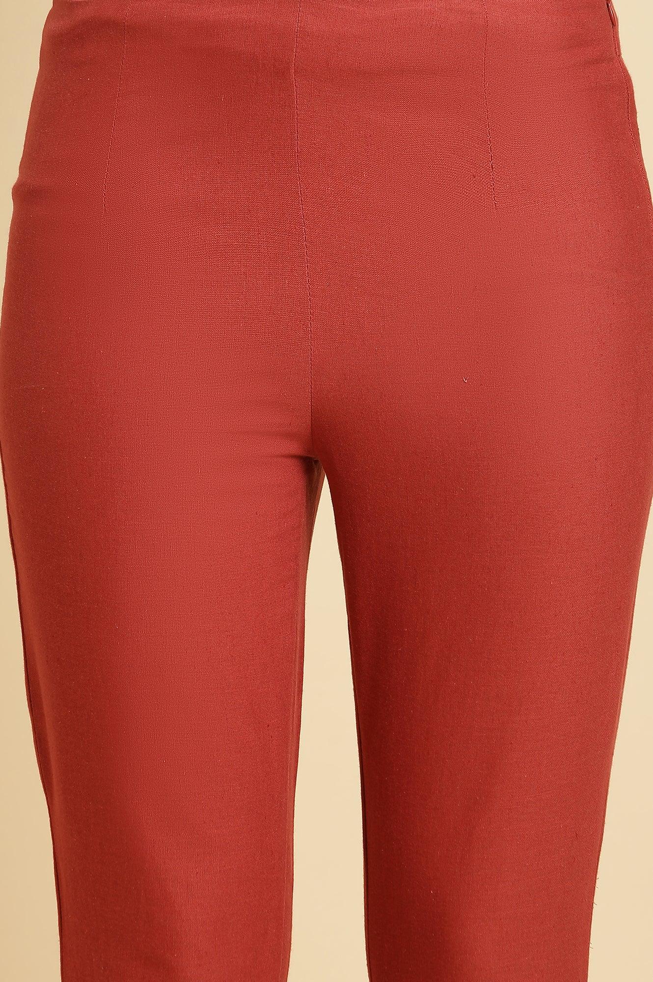 W for Woman Rust Red Embellished Solid Slim Pants