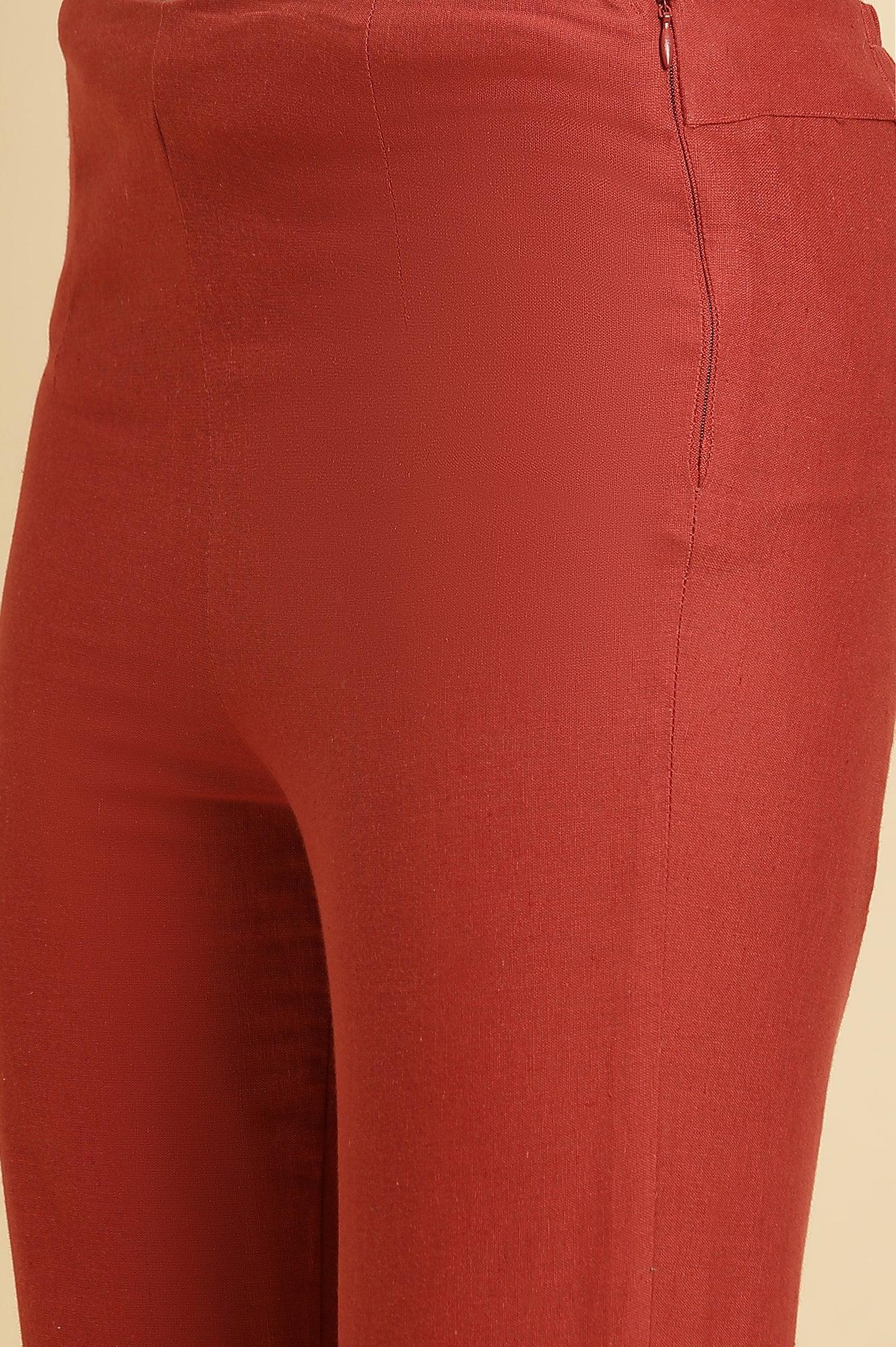 W for Woman Rust Red Embellished Solid Slim Pants