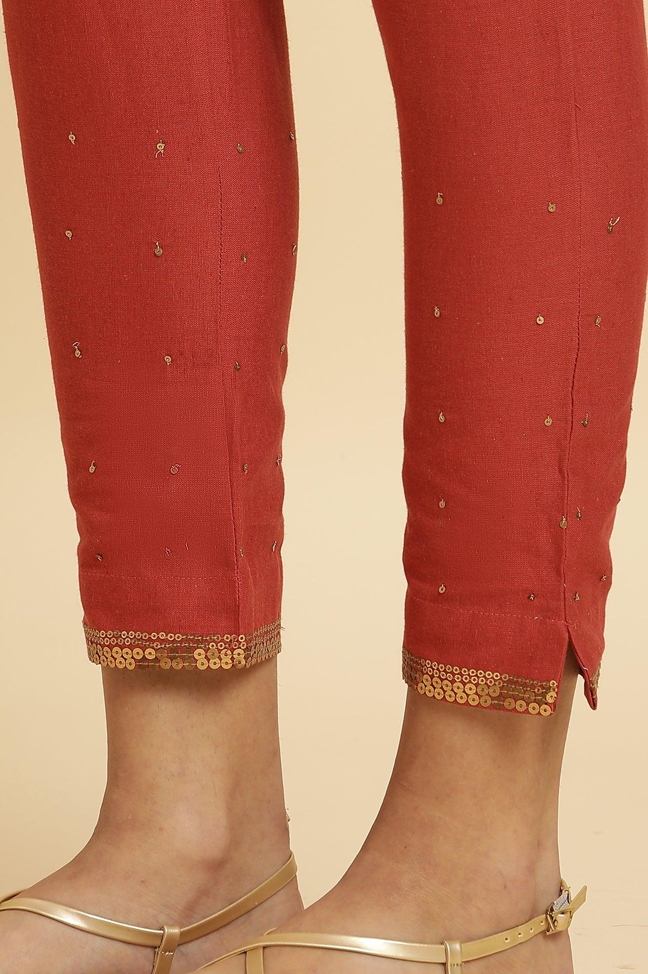 W for Woman Rust Red Embellished Solid Slim Pants
