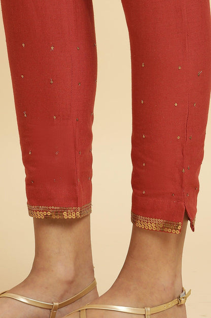 W for Woman Rust Red Embellished Solid Slim Pants