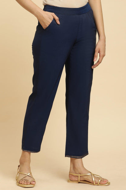 W for Woman Blue Solid Pants With Metallic Sequin Hemline