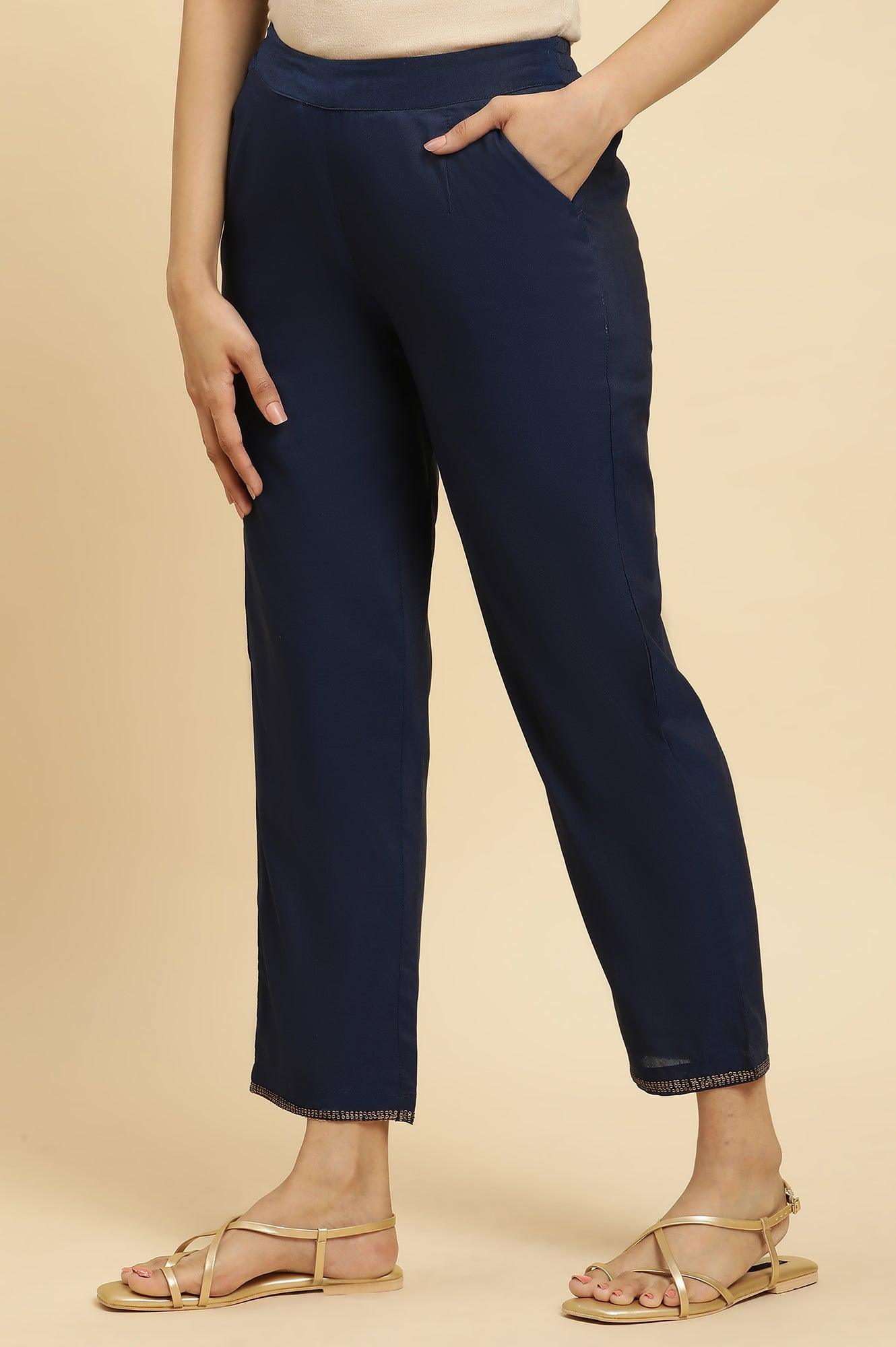 W for Woman Blue Solid Pants With Metallic Sequin Hemline