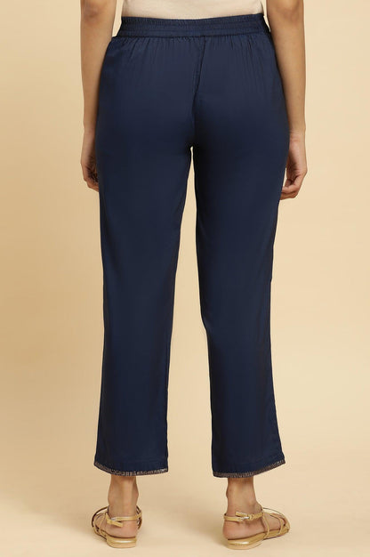 W for Woman Blue Solid Pants With Metallic Sequin Hemline