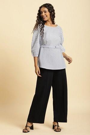 W for Woman Navy Blue Pin Tuck Trouser Pants