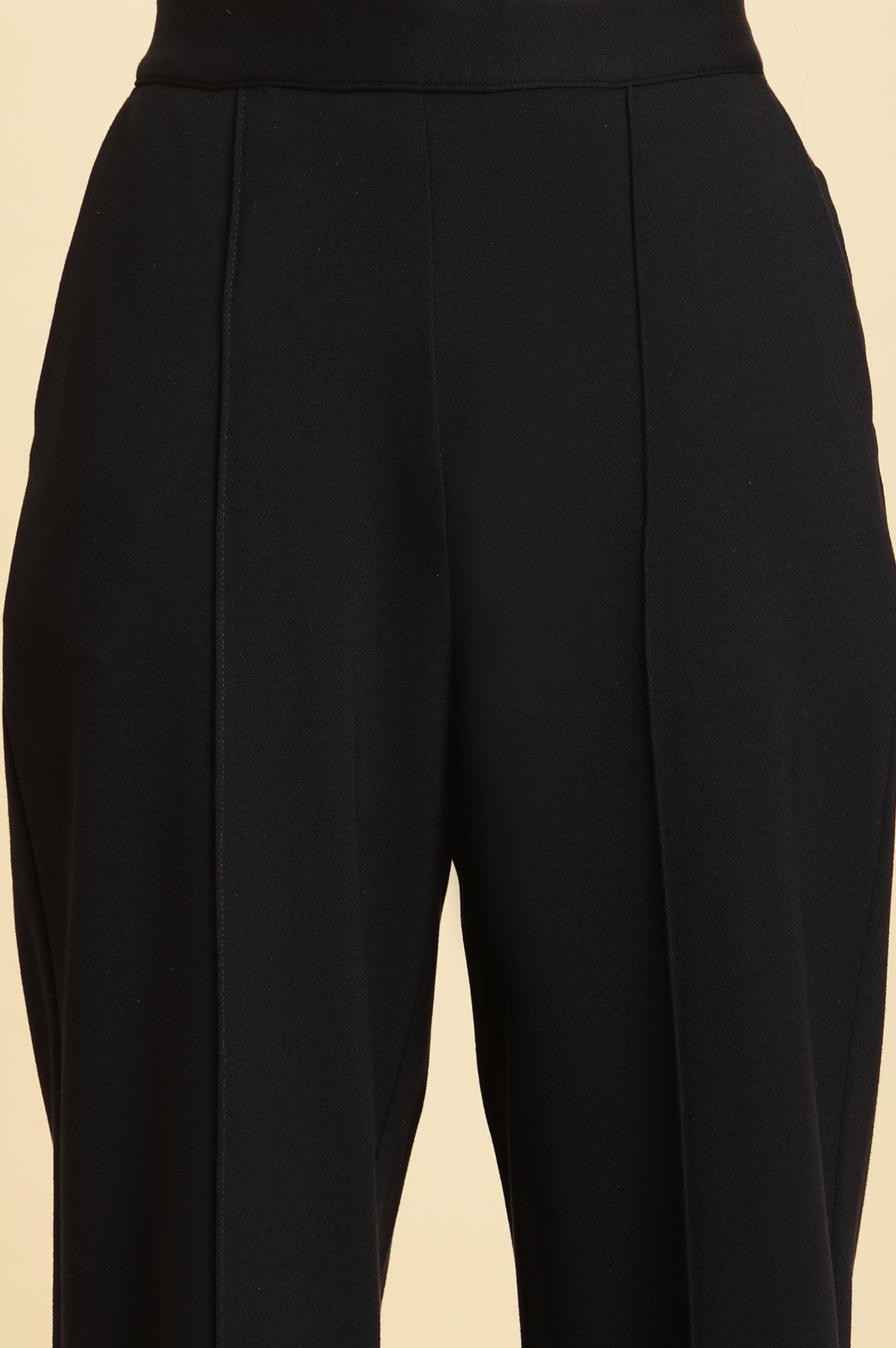 W for Woman Navy Blue Pin Tuck Trouser Pants
