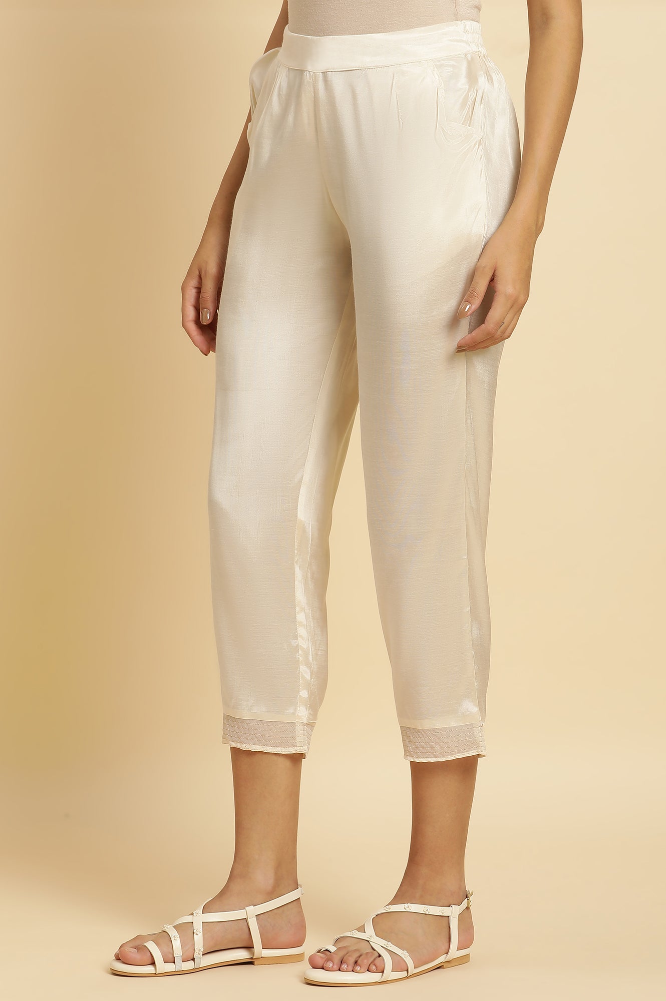 W for Woman Cream Shantung Solid Slim Pants