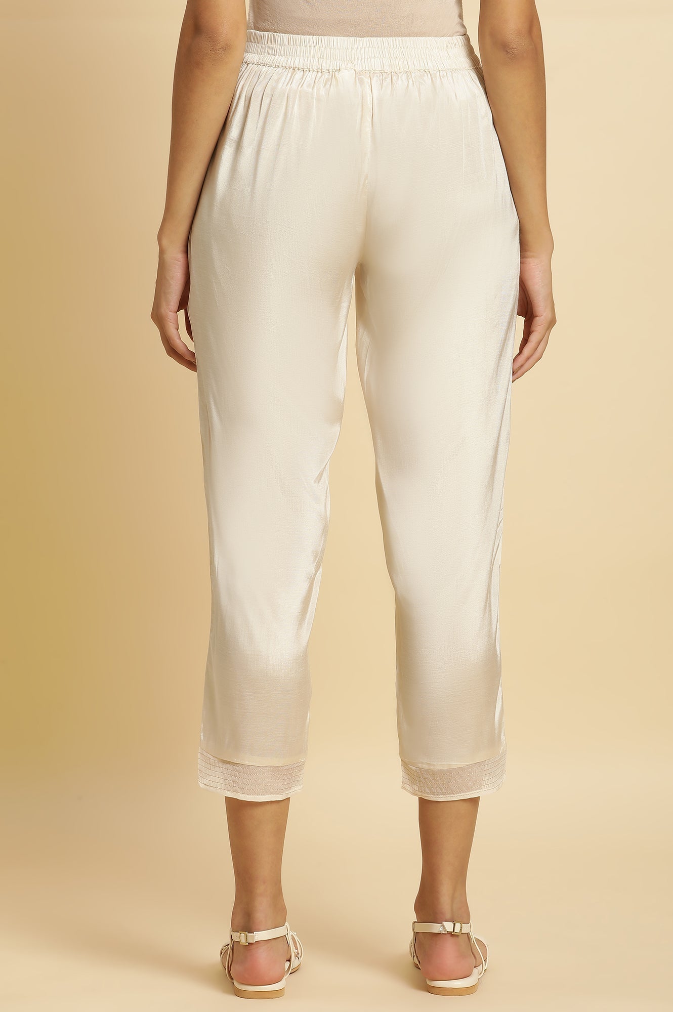 W for Woman Cream Shantung Solid Slim Pants