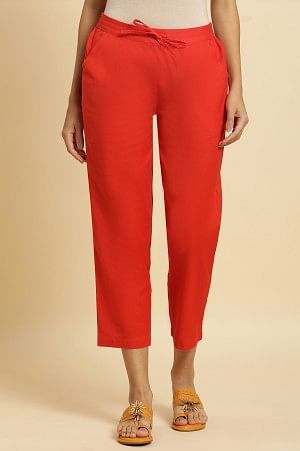 W for Woman Orange Cotton Flax Solid Slim Pants